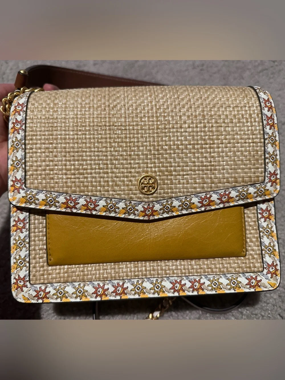 Tory Burch Womens Robinson Straw Convertible Shoulder Bag